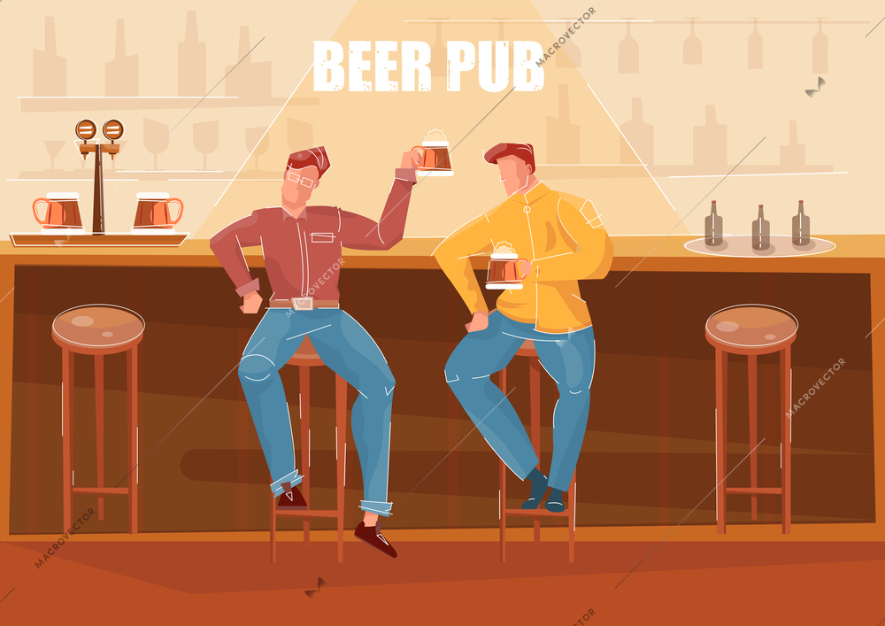 Two men drinking beer at bar counter in pub flat vector illustration