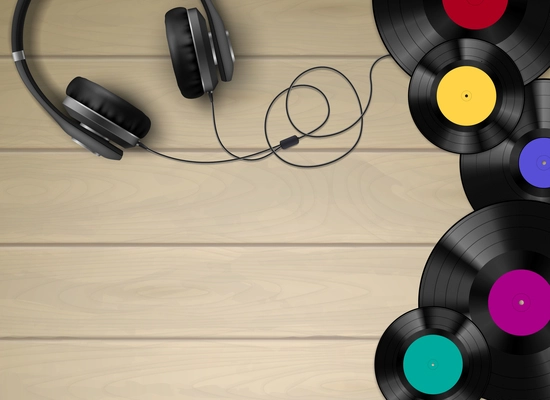 Retro vinyl discs records and headphone on plain wood floor background realistic top view image vector illustration