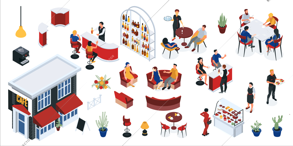 Restaurant isometric set with elements of interior staff and visitors waiting for order isolated vector illustration