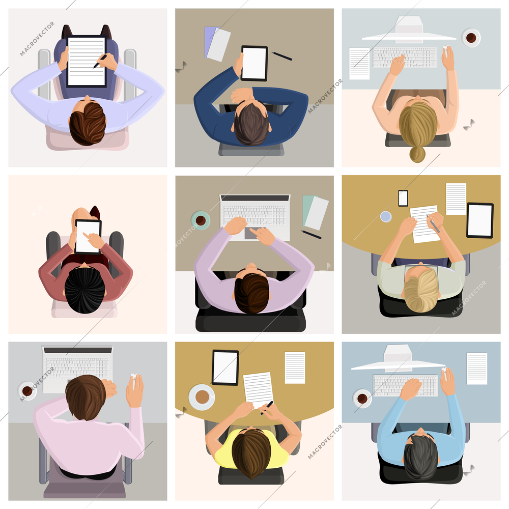 Set of business office worker people on job at the table with laptop computer coffee icons vector illustration