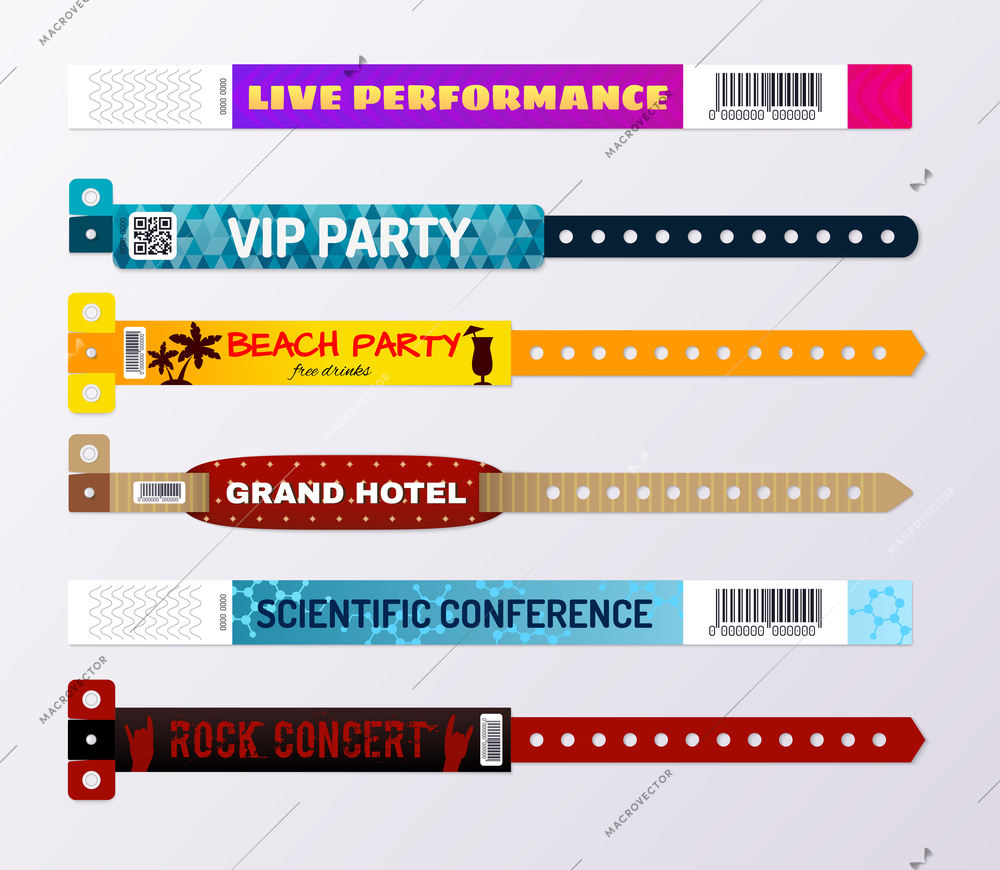 Modern colorful hotel resort bracelets concerts events passes conference participants id wristbands realistic set isolated vector illustration