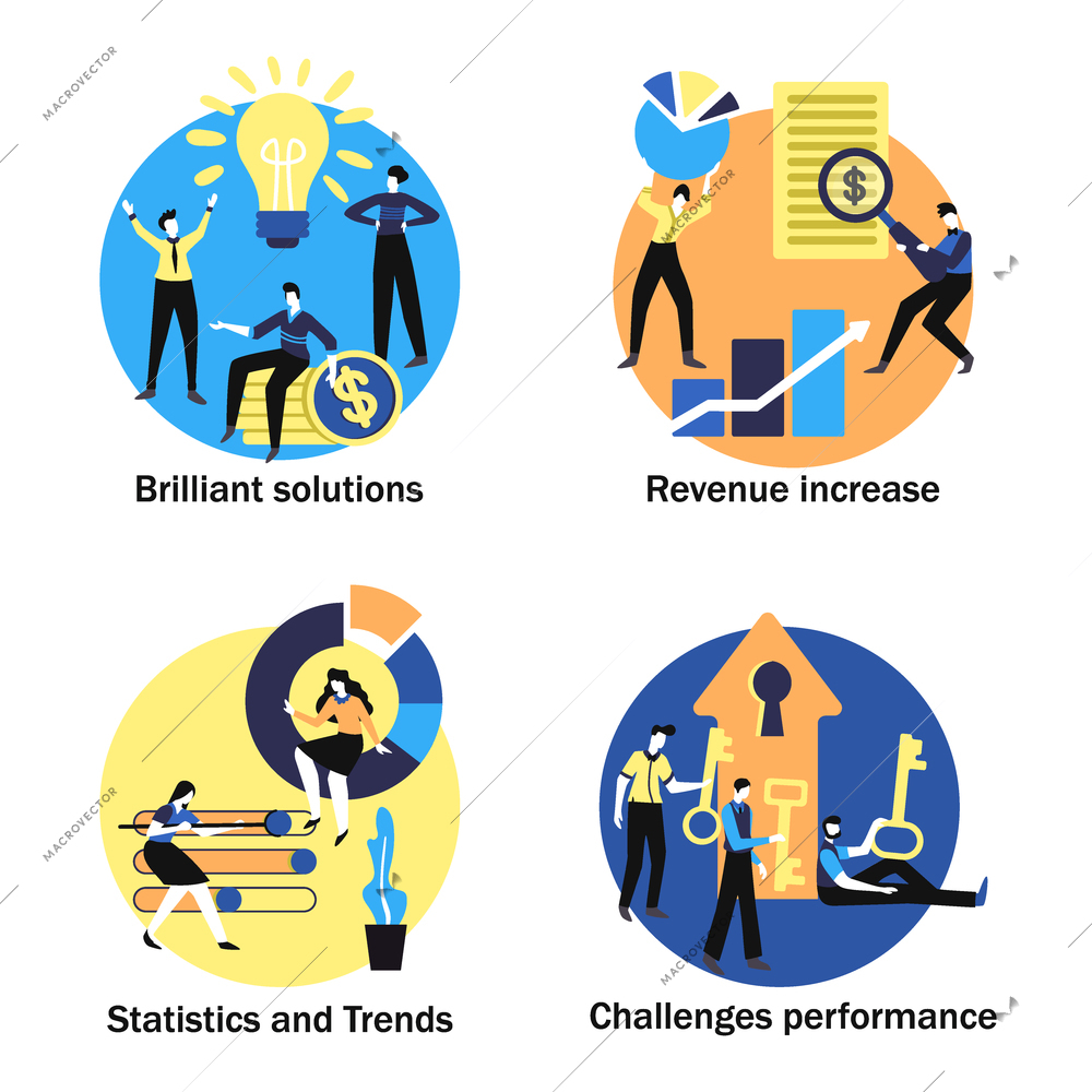 Business analytics concept 4 flat round compositions with smart solutions revenue increase trends statistics diagrams vector illustration