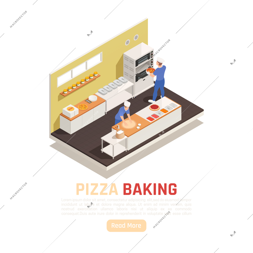 Pizza shop baking and service area  isometric composition with dough rolling  adding ingredients setting in oven vector illustration