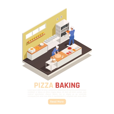 Pizza shop baking and service area  isometric composition with dough rolling  adding ingredients setting in oven vector illustration