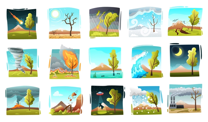 Natural disaster set of isolated drawn style square compositions with wild landscapes and forces of nature vector illustration