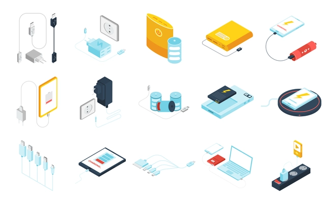 Chargers and power banks for different gadgets isometric icons set isolated on white background 3d vector illustration