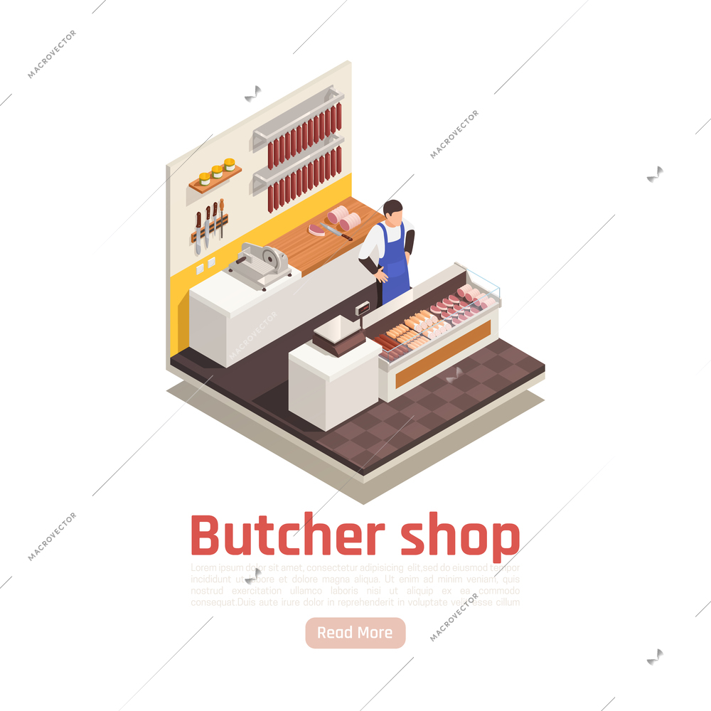 Butcher behind counter in grocery shop selling fresh precooked smoked cured sausages spices isometric composition vector illustration