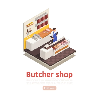 Butcher behind counter in grocery shop selling fresh precooked smoked cured sausages spices isometric composition vector illustration