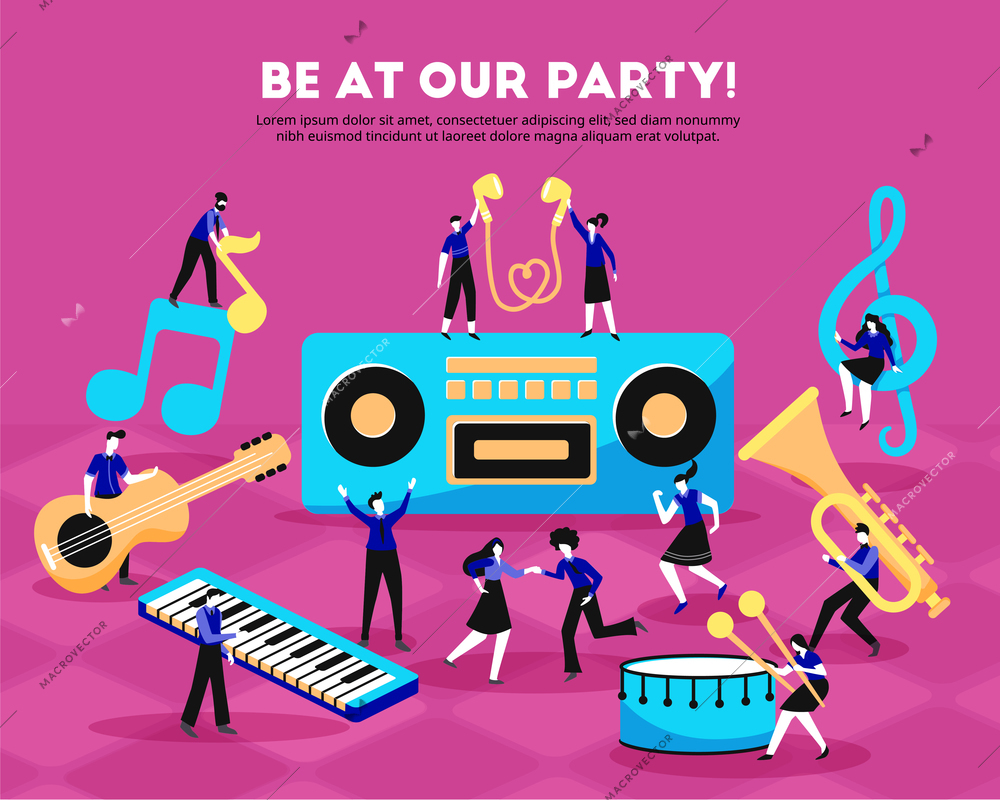 Music background composition of editable text description music instruments key note symbols and small people characters vector illustration