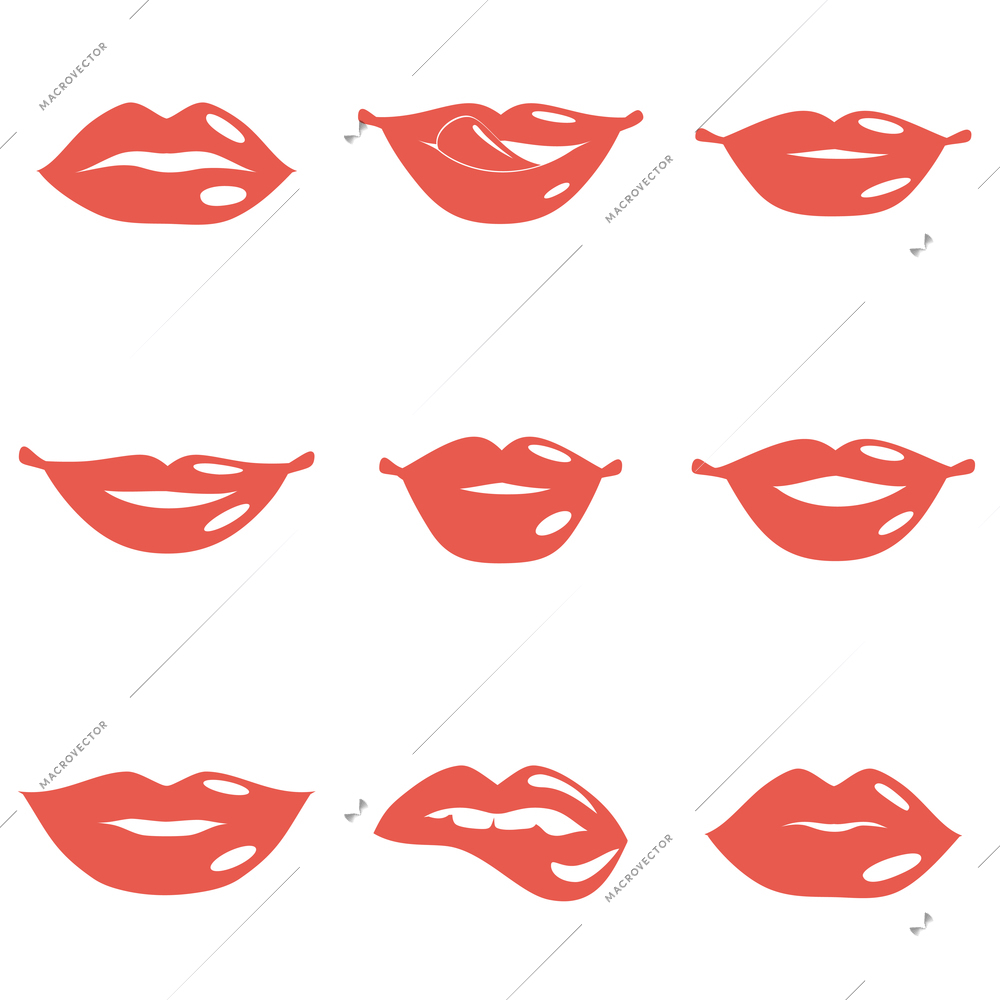 Set of mouth smile red sexy woman lips isolated on white vector illustration