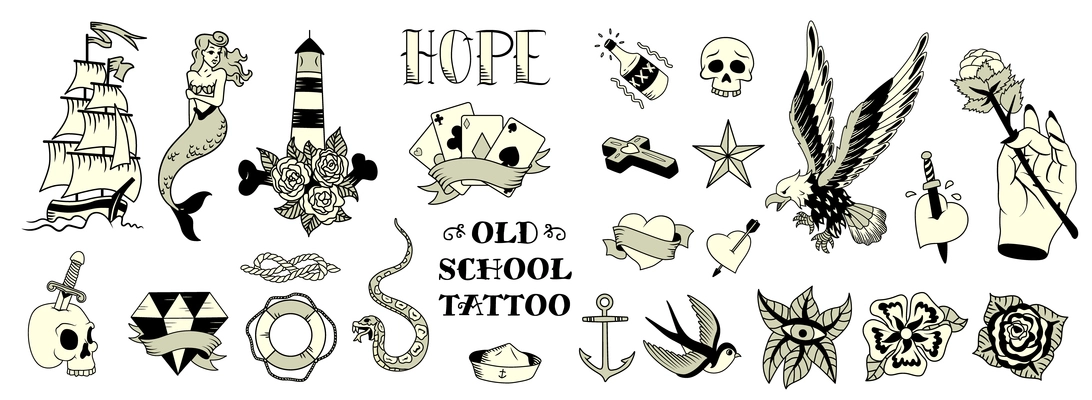 Old school tattoo black white elements set with eagle mermaid rose anchor sailboat skull isolated vector illustration