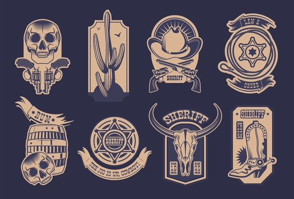 Cowboy beige emblem set on black background with skull guns sheriff hat cask of rum isolated icons flat vector illustration