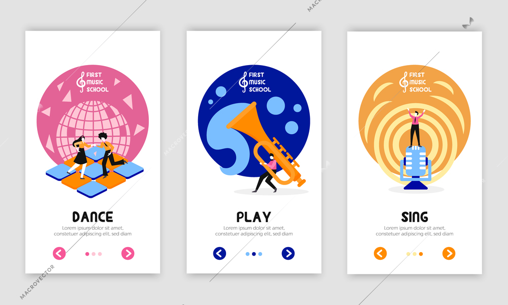 Set of three isolated vertical music banners with doodle images of dancing singing and playing activities vector illustration