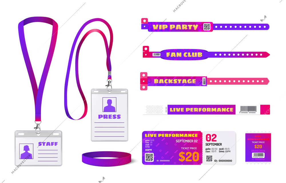 Party events passes tickets staff press id cards club members wristbands fluorescent color realistic set vector illustration