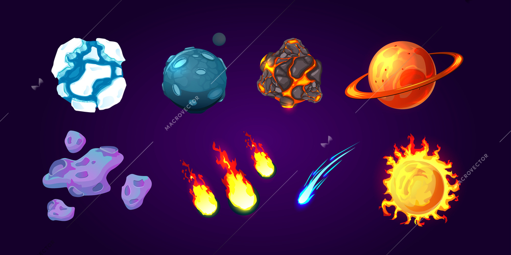 Planets comets and asteroids colored cartoon set isolated on dark background vector illustration