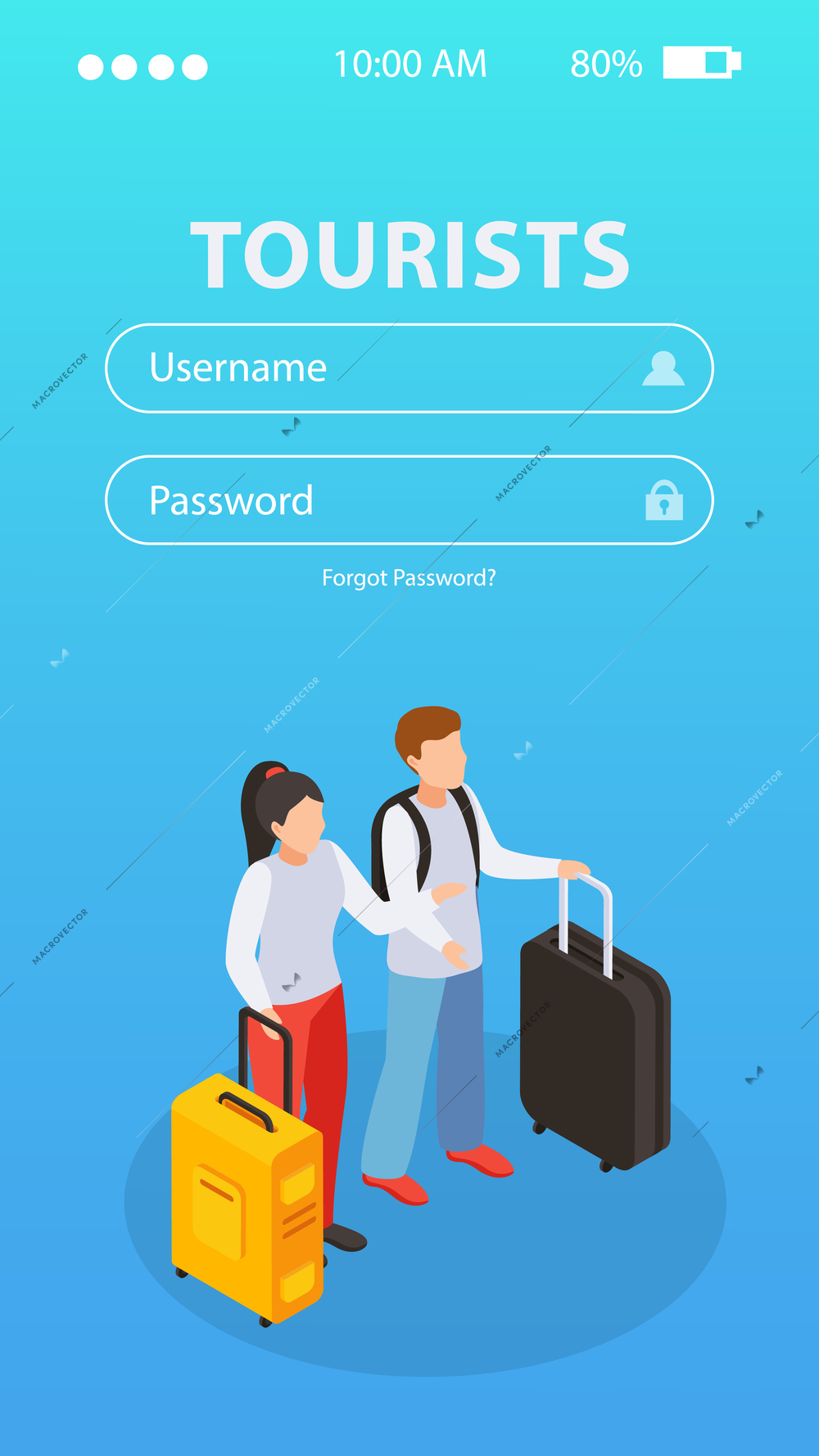 Tourists mobile application with username and password symbols isometric  vector illustartion