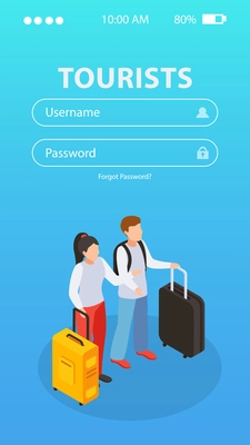 Tourists mobile application with username and password symbols isometric  vector illustartion