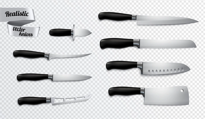 Kitchen butchers knives set closeup realistic image with boning slicer carver chef cleaver transparent background vector illustration