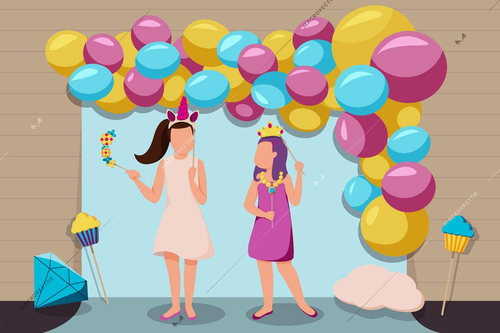 Photo booth party background with baloons and dancing flat vector illustration