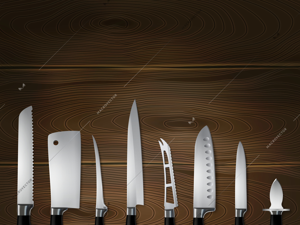 Kitchen butchers knives set closeup realistic image on dark textured wood with slicer carver cleaver vector illustration