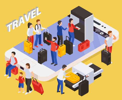 Traveling people concept with smartphone and luggage symbols isometric  vector illustartion