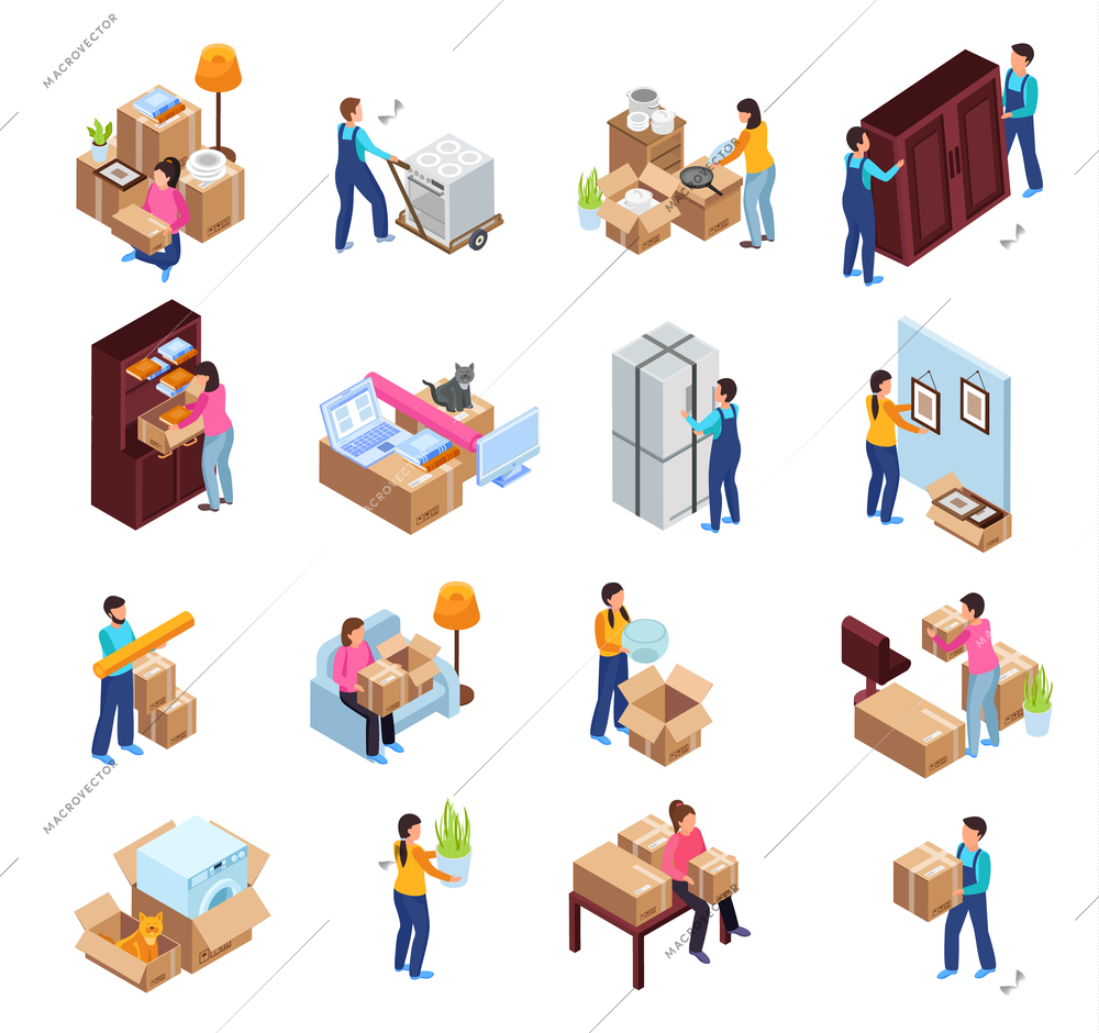 Relocation service icons set with packing symbols isometric isolated vector illustration