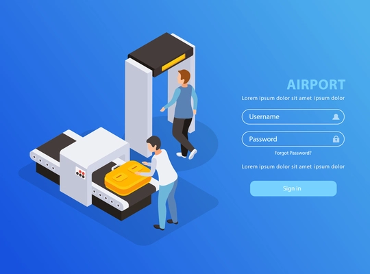 Airport mobile application with traveling and tourism symbols isometric vector illustartion