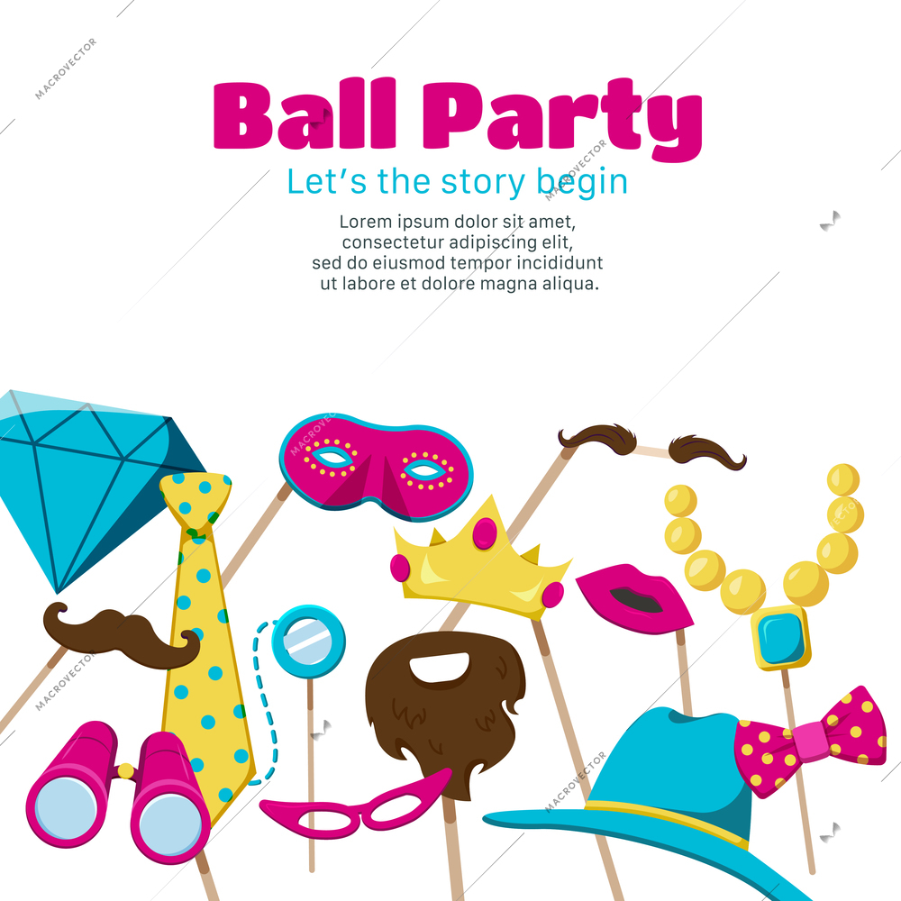 Photo booth party poster with ball party symbols flat vector illustration