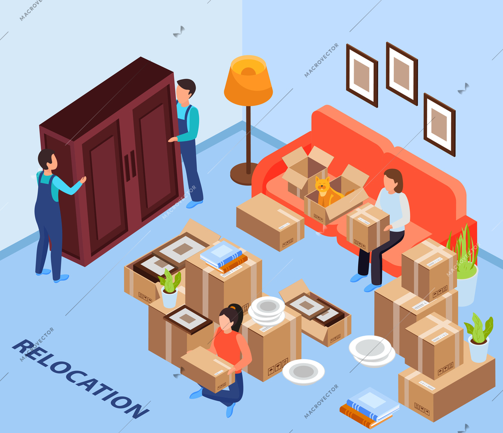 Relocation service background with furniture transportation symbols isometric vector illustration