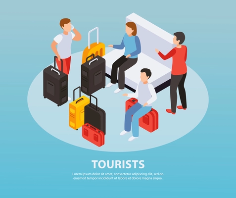 Tourists concept with waiting in hall with luggage symbols isometric  vector illustartion