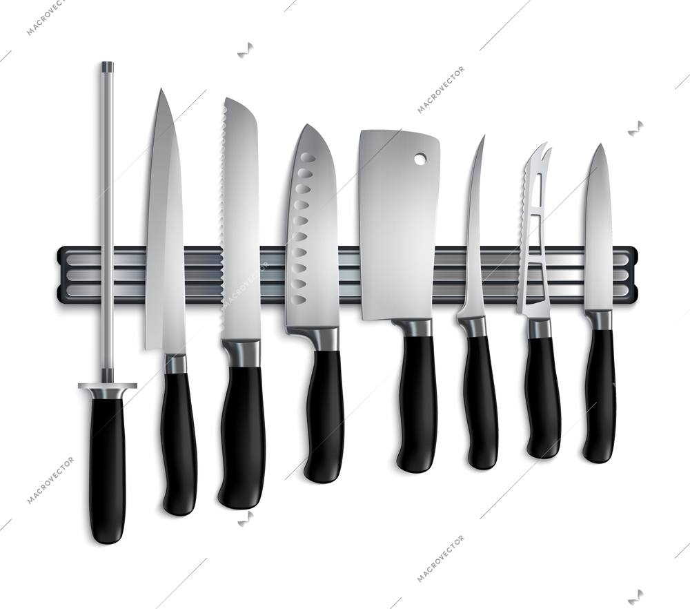 Butchers knives set on magnetic holder closeup realistic image with cleaver chopper steel sharpening rod vector illustration