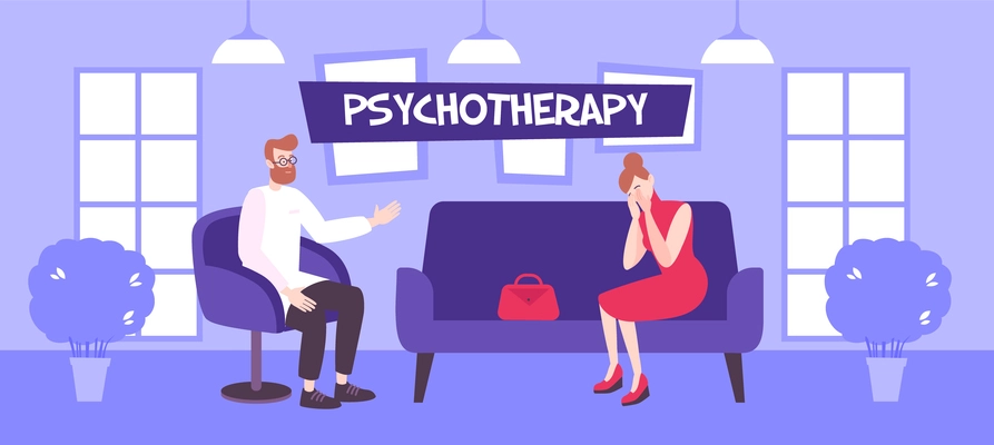 Psychology trauma therapy flat composition with text and indoor scenery with behavioral therapist and his client vector illustration