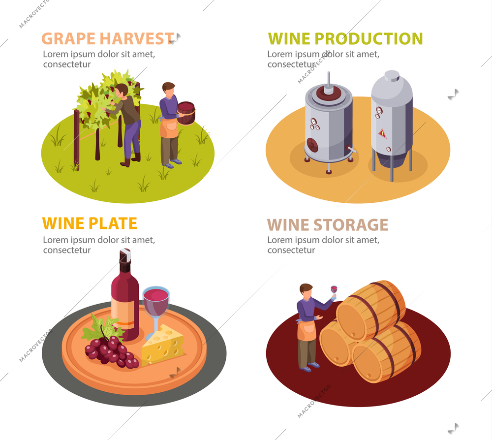 Wine production concept icons set with wine plate and storage symbols isometric isolated vector illustration