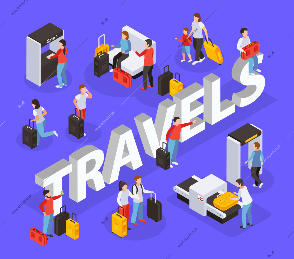 Traveling people composition with security check and waiting symbols isometric  vector illustartion