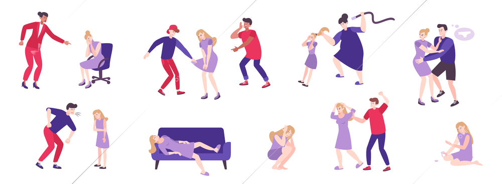 Psychology trauma flat set with isolated doodle style human characters of abusing people on blank background vector illustration