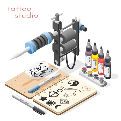 Tattoo studio accessoires tools supply isometric composition with ink design sketches liner shader machine background vector illustration