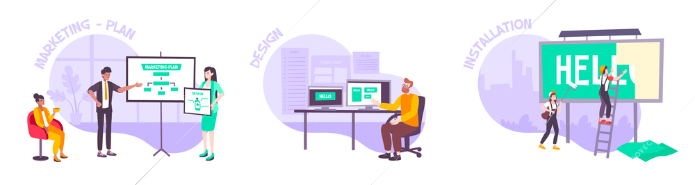 Set of three advertising compositions with flat landscapes text and doodle human characters of agency workers vector illustration