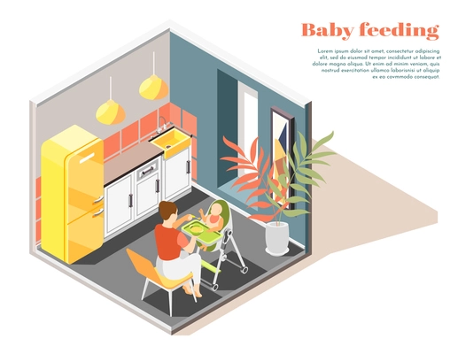 Infant care isometric composition with mother feeding baby sitting in convertible high chair in kitchen vector illustration