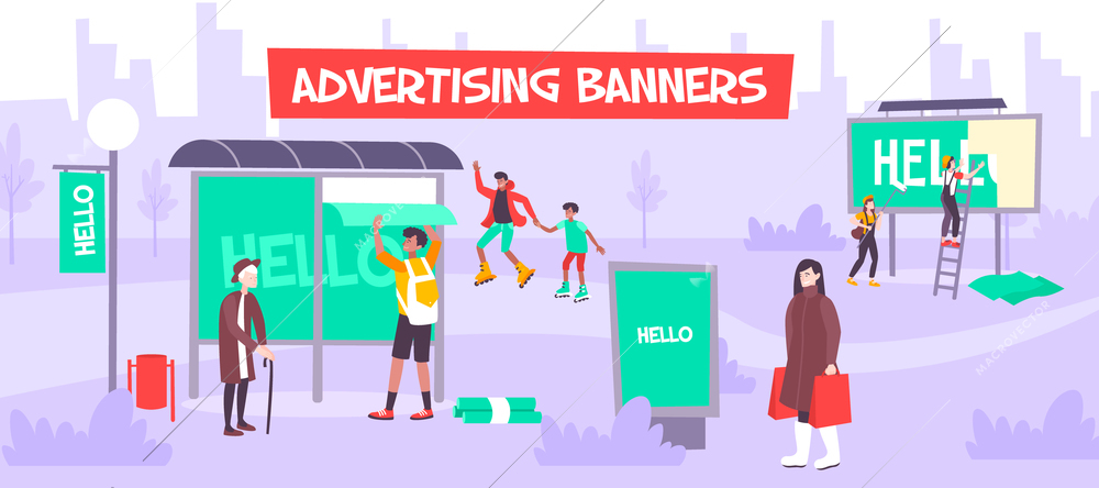 Advertising banner street flat composition with outdoor view of city street with billboards of various size vector illustration