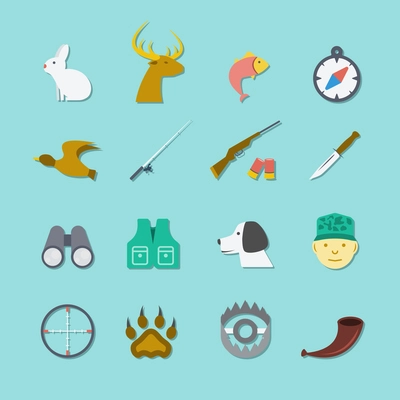 Set of hunting animal wild life leisure icons with reflection effect in flat color style vector illustration