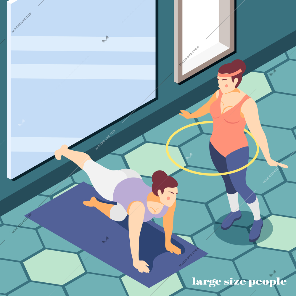 Large people curvy girls gym isometric background composition with plus size women fitness workout exercises vector illustration