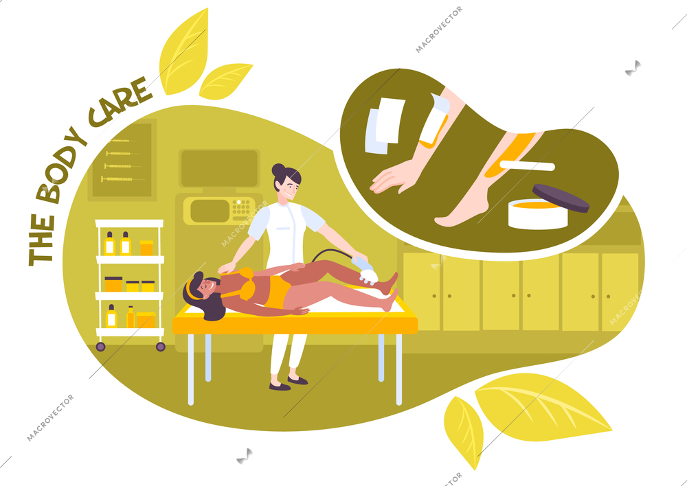 Cosmetic procedures body flat composition with indoor view of medical treatment room with human characters and text vector illustration