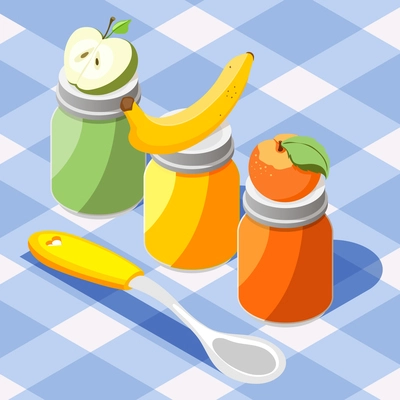 Baby feeding products isometric colorful composition with apple banana peach fruit puree jars tablecloth background vector illustration