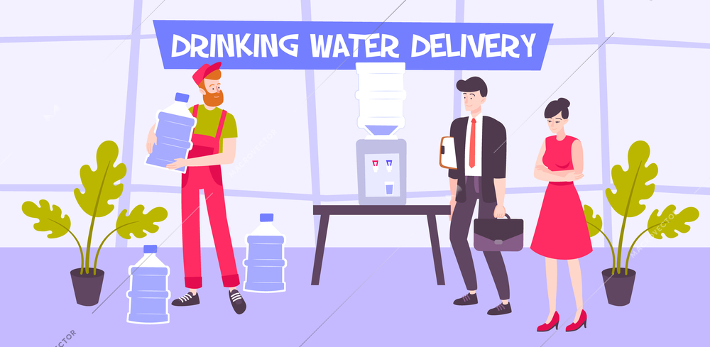 Drinking water delivery flat composition with indoor office environment faceless human characters and cooler with bottles vector illustration