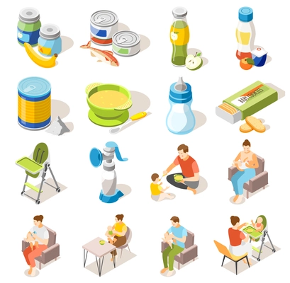 Baby food accessories isometric icons collection with bottle breastfeeding high chair milk powder puree jars vector illustration