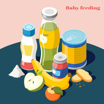 Baby feeding products for infants kids isometric advertising composition with milk powder fruit juice bottle vector illustration