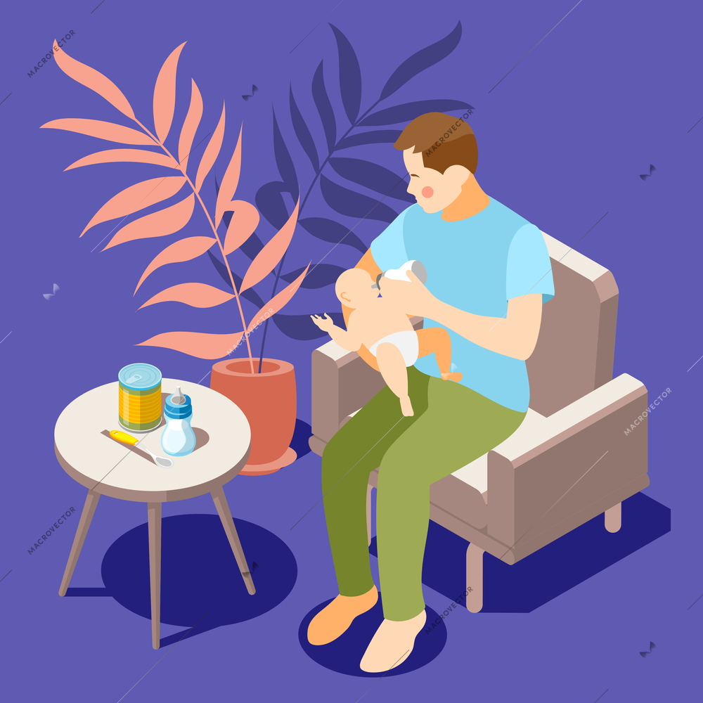 Infant care isometric background composition with father sitting comfortably in armchair enjoying bottle feeding baby vector illustration