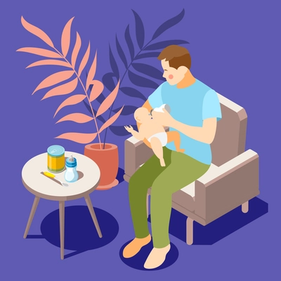 Infant care isometric background composition with father sitting comfortably in armchair enjoying bottle feeding baby vector illustration