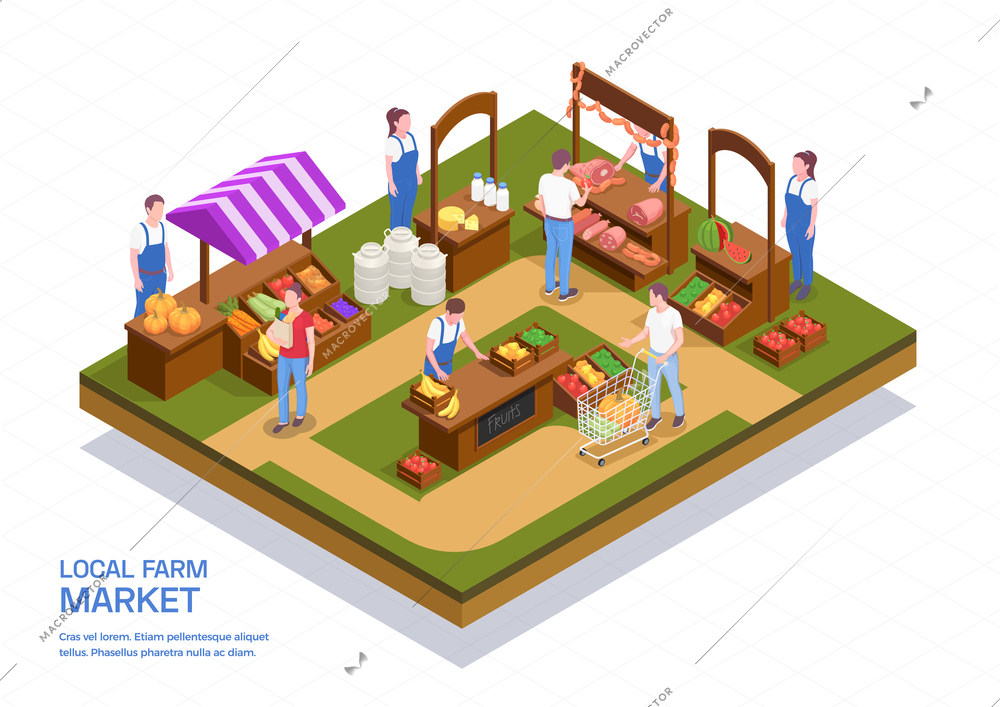 Colored isometric composition with farmers selling fresh meat fruit vegetables and milk products at local farm market 3d vector illustration