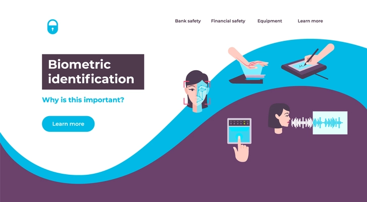 Biometric scanner web page with clickable links and buttons editable text and icons of biometric data vector illustration